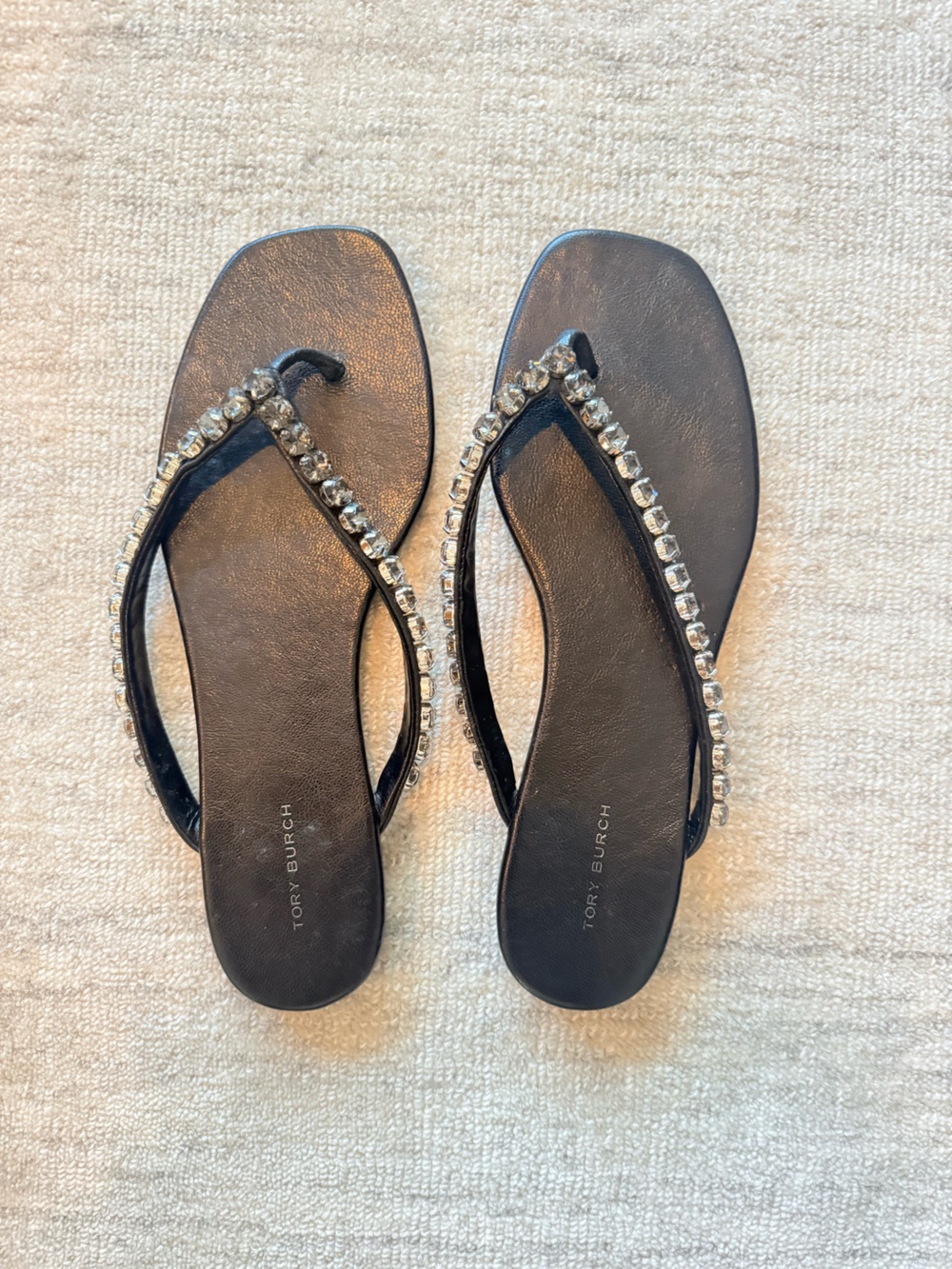 Tory Burch Black Crystal-Embellished Flip Flop Sandals